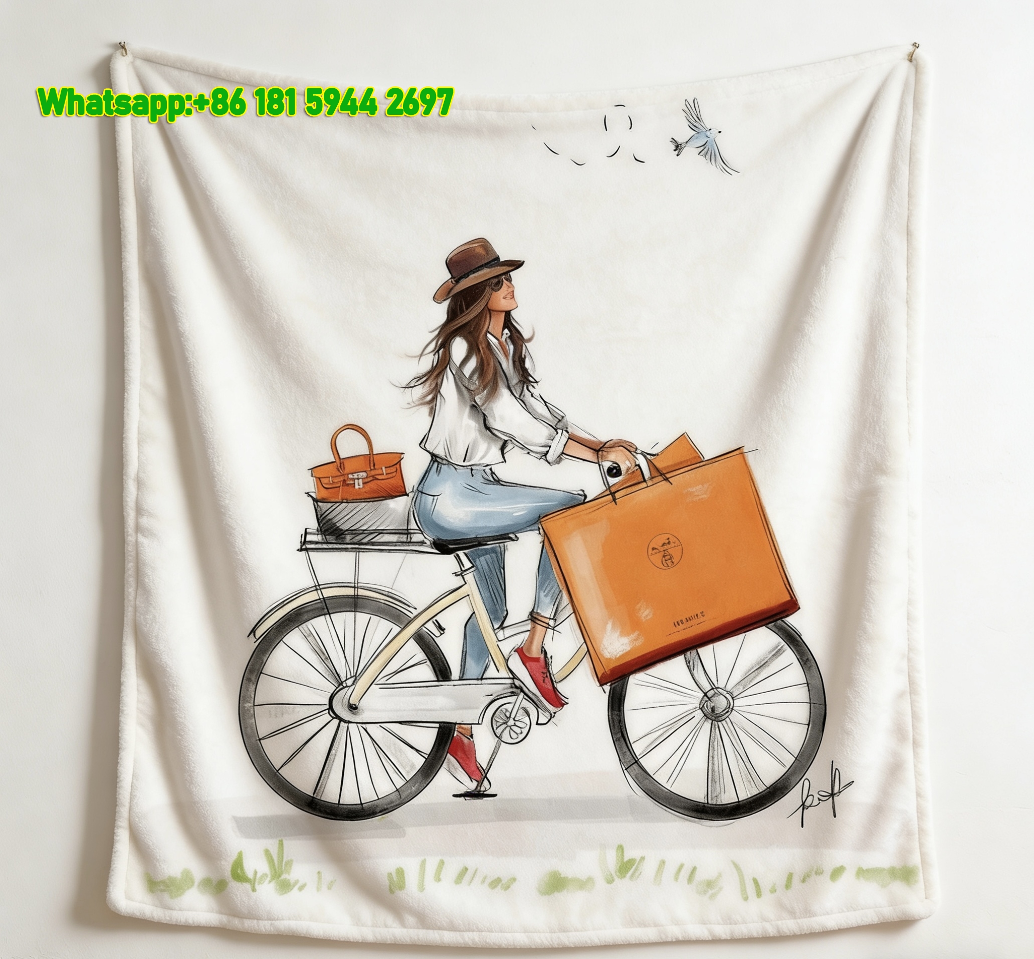 Hermès Inspired Bicycle Girl Orange Bag Flannel Throw Blanket for Wall Decor & Sofa IMG_5433